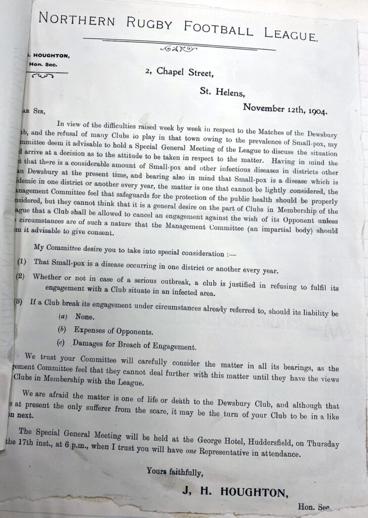 1904 – NRFL Special General Meeting 2 re Small Pox