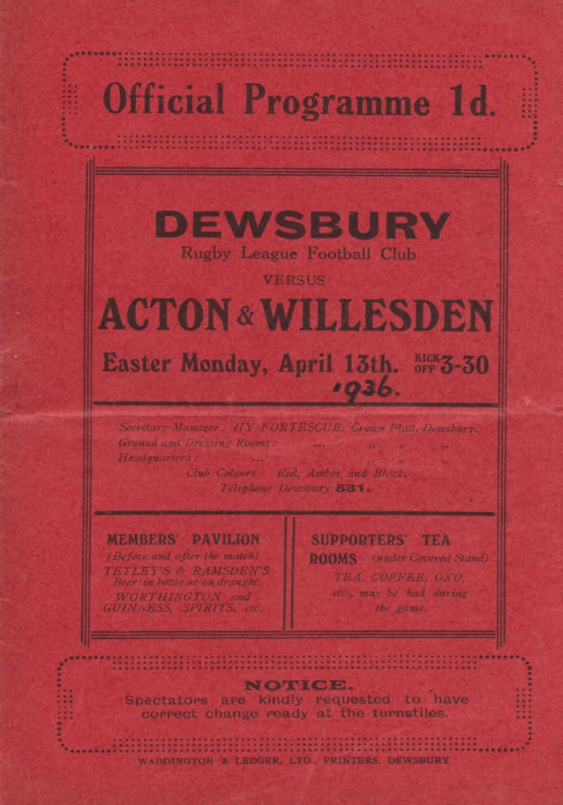 NEW 1936 Red Dewsbury vs Acton Willesden Programme- Front Cover