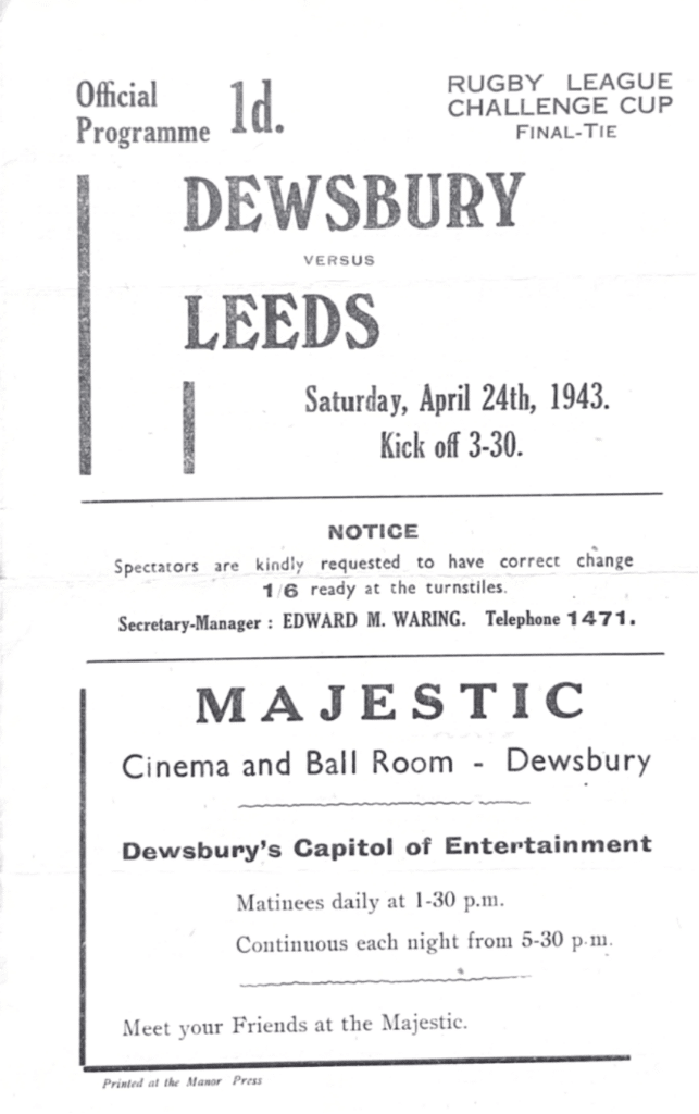 Dewsbury v Leeds 1943 Official Programme