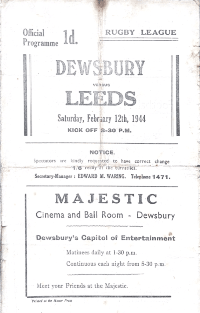 Dewsbury v Leeds 1944 Official Programme