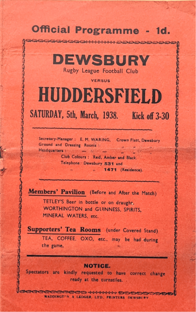 Dewsbury v Huddersfield 1938 Official Programme